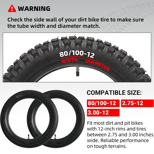 AR-PRO (2-Pack) 80/100-12 Dirt Bike Inner Tubes with TR4 Straight Valve, Replacement Standard Motorcycle Inner Tube 2.75/3.00-12 Heavy Duty, Compatible with Honda CRF70F/XR70, Yamaha TTR 90, and More
