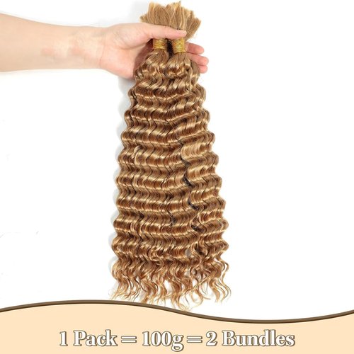 Fabimiya Deep Curly Braiding Human Hair 100g 22 Inch Color 27 Honey Blonde Deep Water Wave Bulk Human Hair for Braiding 10A No Weft Brazilian Virgin Deep Curly Human Hair Extensions for Boho Braids