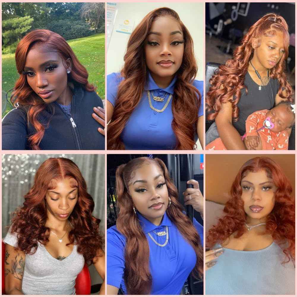 180% Density Reddish Brown 13x6 Lace Front Wigs Human Hair Pre Plucked 13x6 HD Transparent Body Wave Lace Front Wigs For Women Ginger #33 Colored Brazilian Virgin Hair Glueless Wigs Human Hair 22Inch