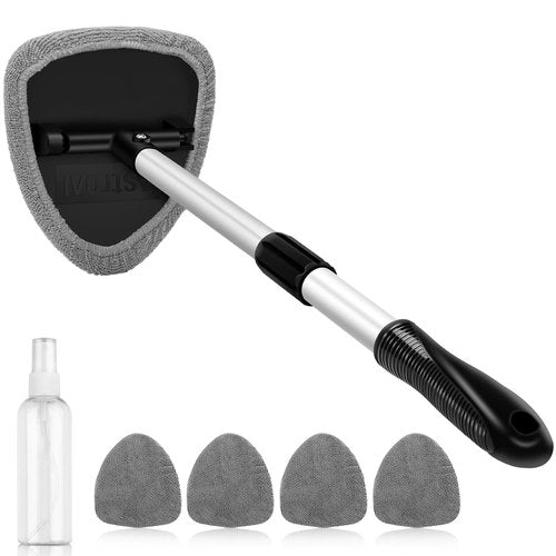 AstroAI Windshield Cleaner Tool, Car Interior Detailing Cleaning Kit with Extendable Handle and 4 Reusable Microfiber Pads, Auto Glass Wiper Brush Kit for Cars, Gray