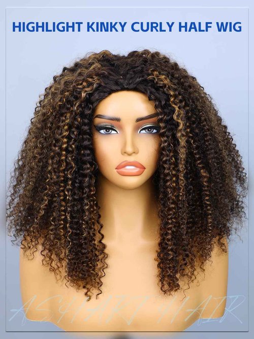 Ashart Highlight Brown Ombre Kinky Curly Half Wig Human Hair 2/30 Color 18 Inch 3 in 1 Seamless Flip Over Half Wigs for Black Women Glueless Wear and Go Elastic Drawstring 180% Density Human Hair Wig