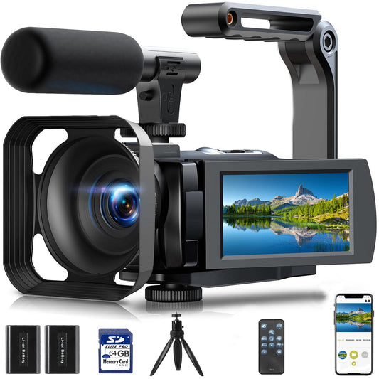 5K Video Camera Camcorder 56MP Wifi IR Night Vision Vlogging Camera, 16X Digital Zoom Touchscreen YouTubers Camera Recorder with Microphone, Lens Hood, Stabiliser, Remote Control, Tripod & 2 Batteries