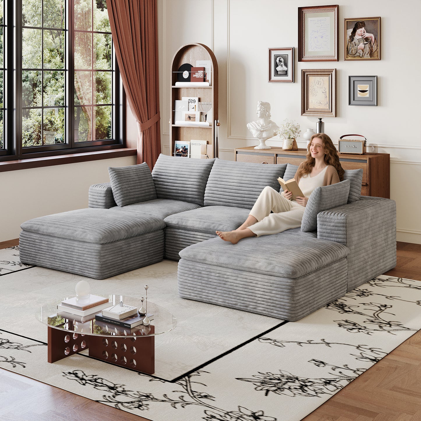 102" Cloud Sofa - Modular Corduroy Fabric Couch, Grey