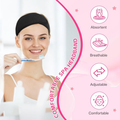 SHENGYIWA 80 Pack Adjustable Spa Headband for Women Non-Slip Facial Hair Wrap for Washing Face, Makeup, Shower, Skincare, and Yoga (Black, 80)
