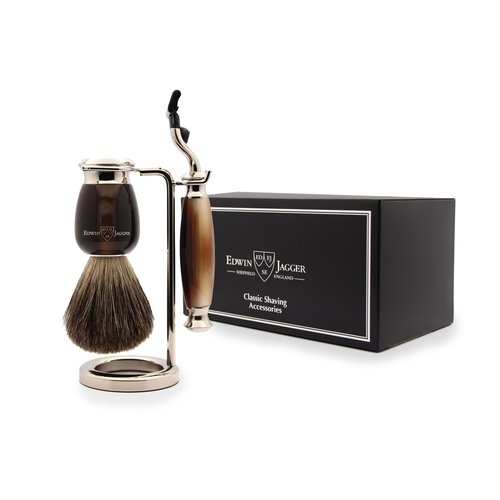 Edwin Jagger S81M582AMZ Imitation Light Horn & Nickel Classic Shaving Set with Pure Badger Shaving Brush and Mach 3 Razor for Shaving Cream or Soap for Men