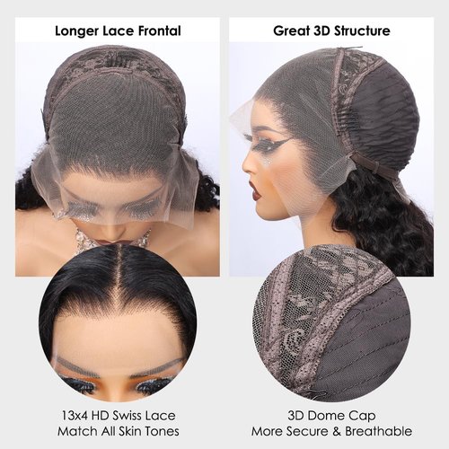 Alibeauty 13x4 HD Transparent Lace Front Wigs Human Hair Pre Plucked Hairline with Baby Hair 200 Density Brazilian Water Wave Wigs for Black Women(14 Inch)