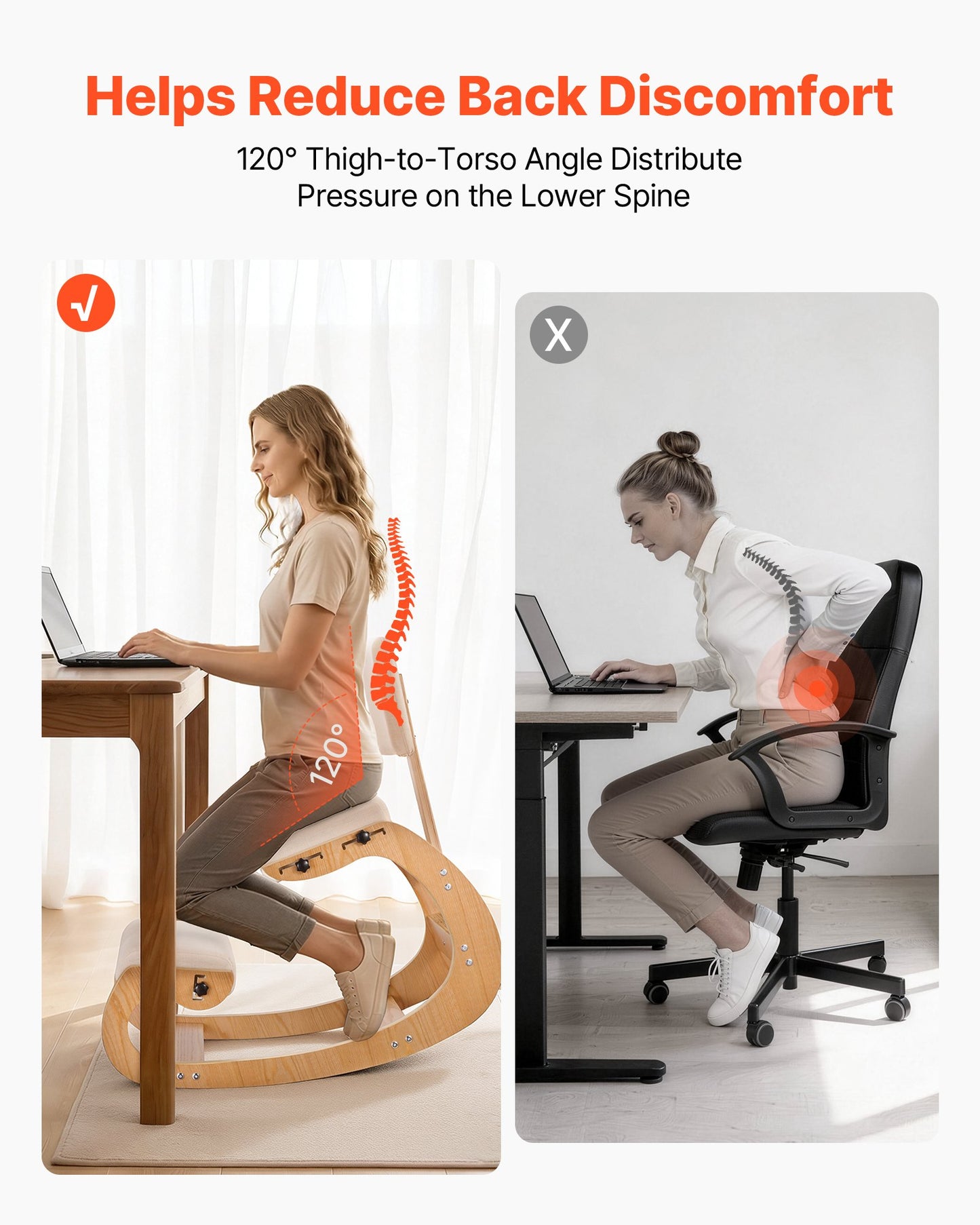 Ergonomic Kneeling Chair with Wooden Frame and Adjustable Cushions for Back Relief