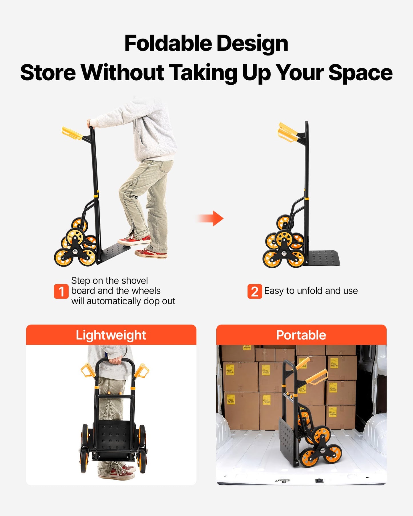 Heavy-Duty Stair Climbing Hand Truck with Folding Design & Bungee Cords - Black