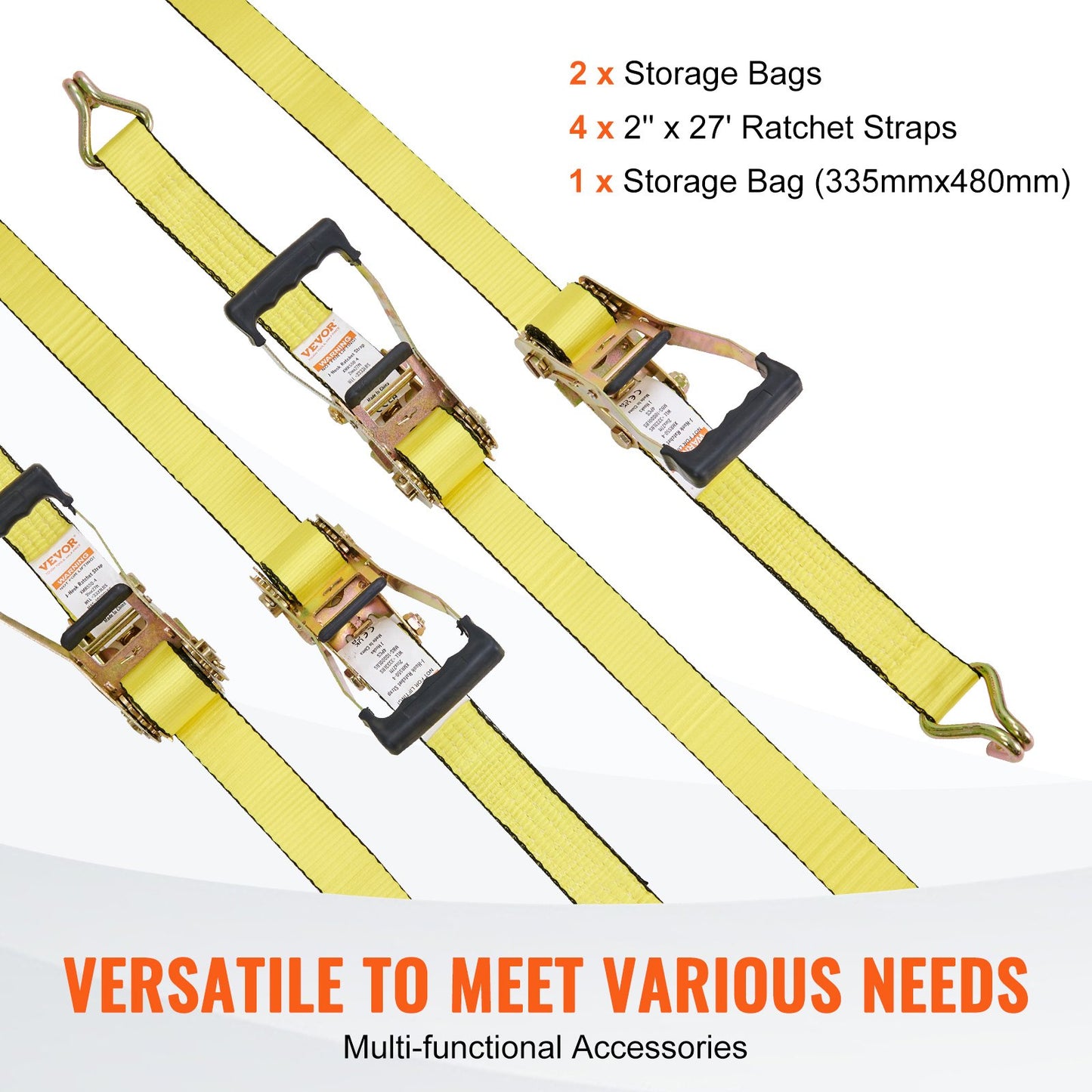 Heavy Duty Ratchet Tie Down Straps 4 Pack - 10,000Lb Breaking Strength, Double J Hooks, 2' x 27' Cargo Securing Straps - Yellow