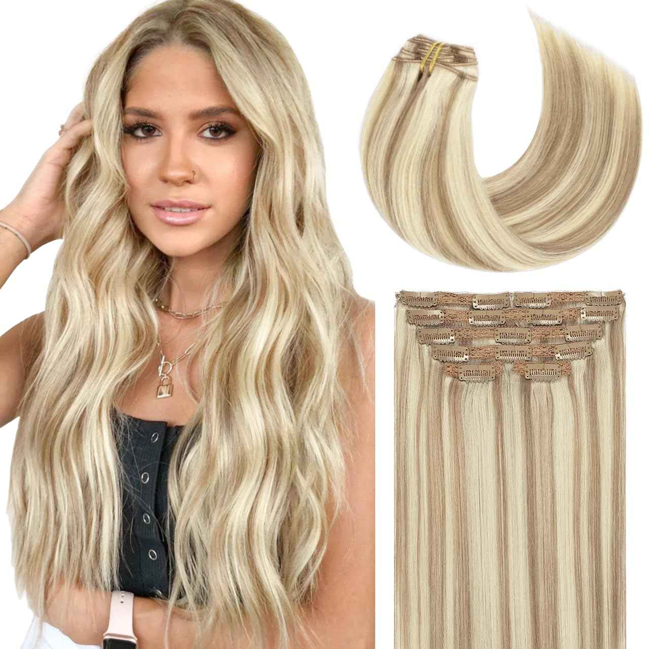 Lacer Clip In Hair Extensions Real Human Hair 20 Inch Light Brown Highlighted Platinum Blonde Thick Silky Straight Remy Human Hair Clip in Extensions 7 Pieces 120 Gram