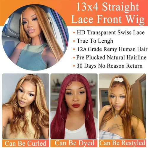 SIFULAN 13x4 Honey Blonde Lace Front Wig Human Hair 180 Density 24 Inch Highlight Ombre Straight HD Transparent Lace Pre Plucked Human Hair Wigs for Women P4/27 Color