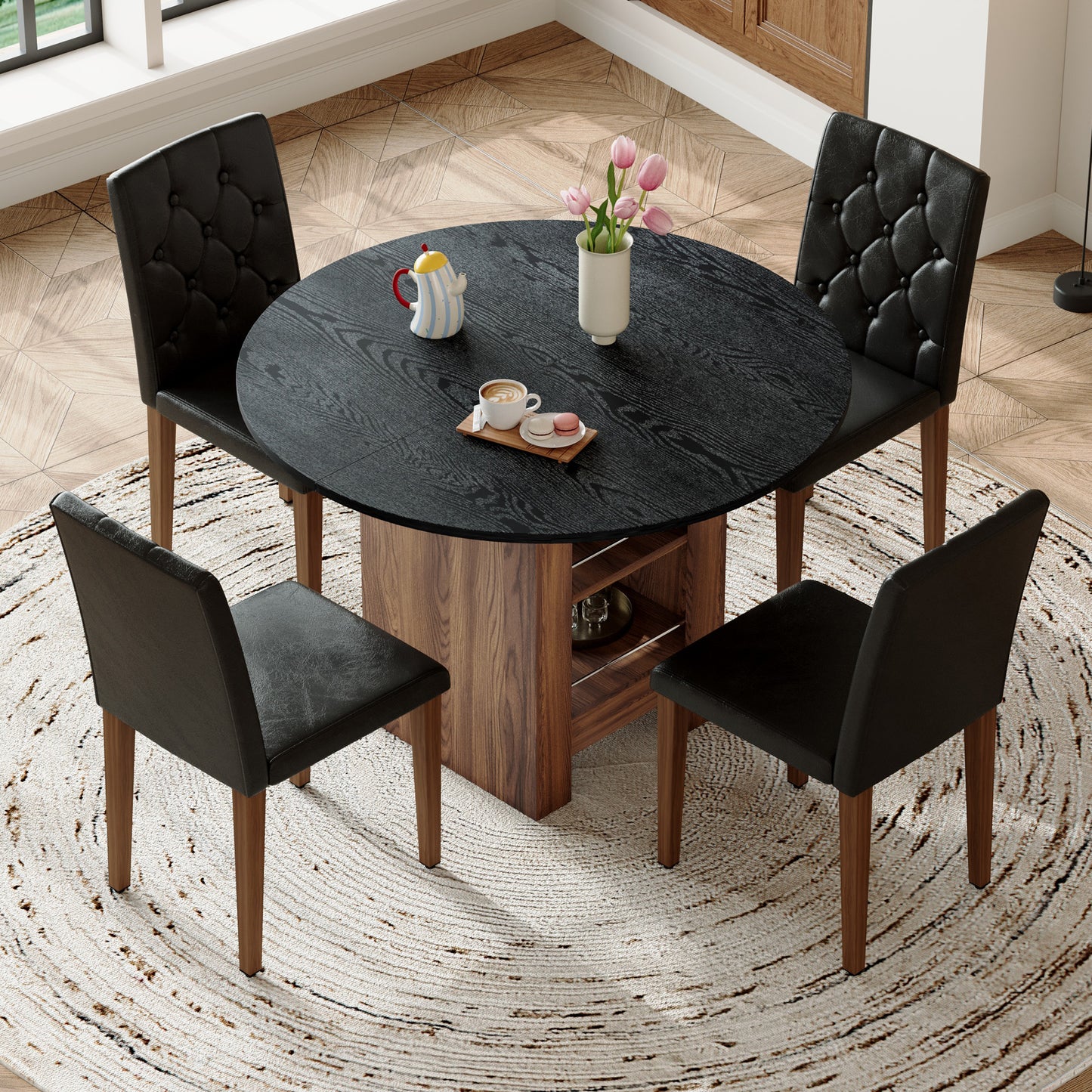 Table And Chair Set. 42 Inch Round MDF Black Dining With Double-layer