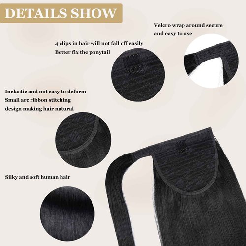 JIAMEISI Ponytail Extension Human Hair Wrap Around Clip in Hair Piece Straight Ponytail For Black Women with Magic Paste 90G(20 inch, Black #1)