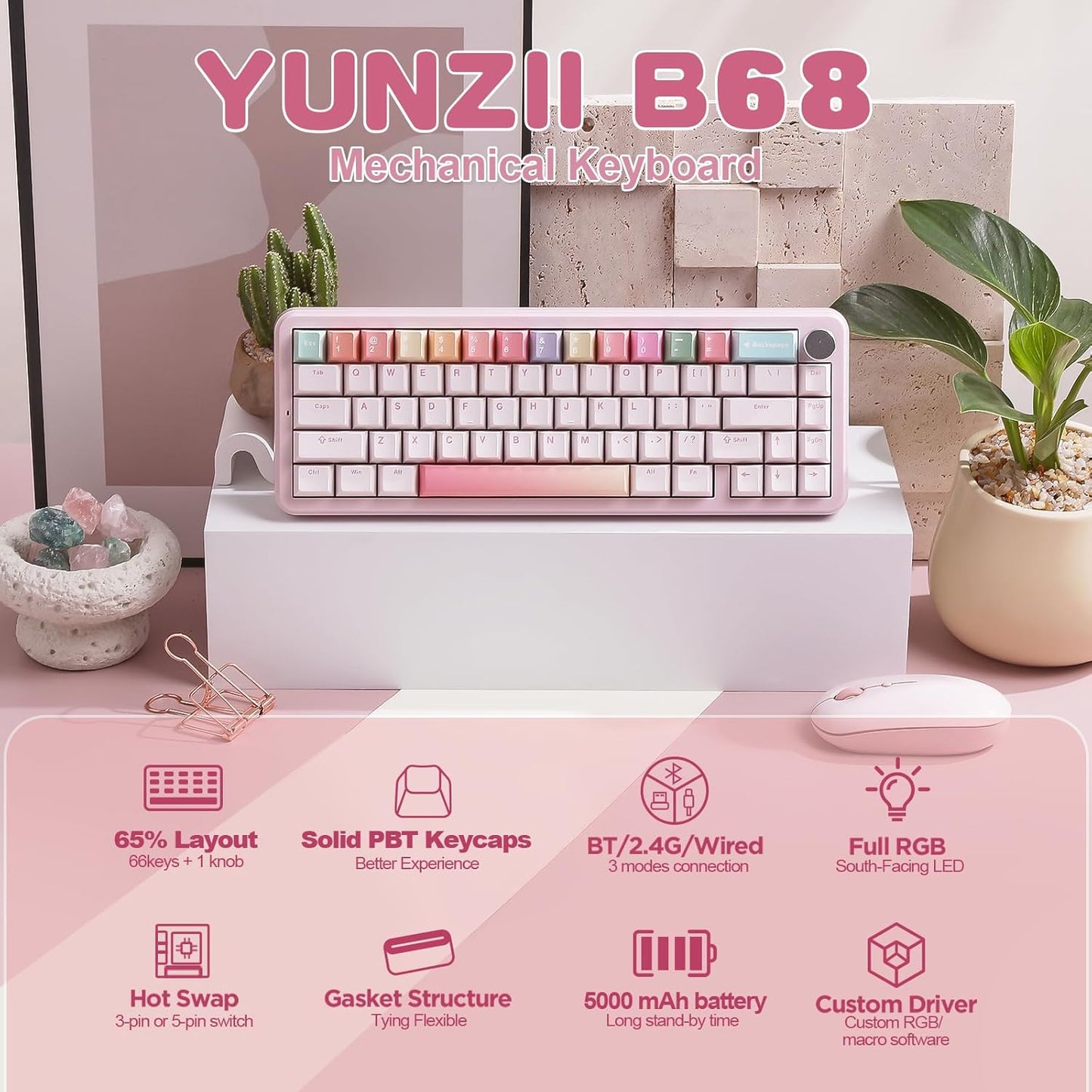 YUNZII B68 Wireless Mechanical Keyboard,Tri-Mode BT5.0/2.4GHz/USB-C,Cute PBT Keycaps,Hot Swappable Creamy Typing Gasket Mounted,RGB Backlit NKRO for Win/Mac (Black, Cocoa Cream V2 Switch)