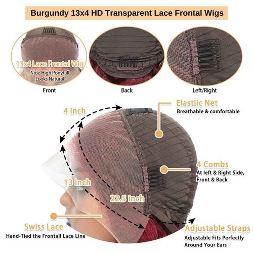 AOSUN 99j Burgundy Body Wave Lace Front Wig, 13x4 HD Lace Frontal Wig, Unprocessed Brazilian Virgin Human Hair, Adjustable Straps, 180 Density