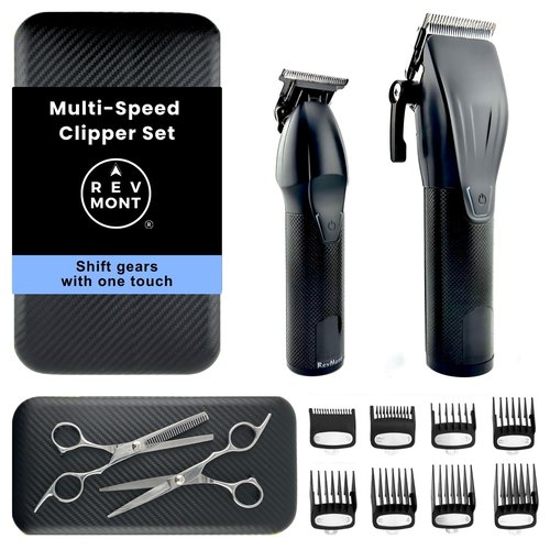 RevMont Multi-Speed Clipper Set, Gear Shifting, 20-Piece Grooming Kit for Men, T-Blade Plus King Clipper, Rechargeable Hair Trimmers, Metal Grip, Carbon Steel Blades, All-in-one Barber Set