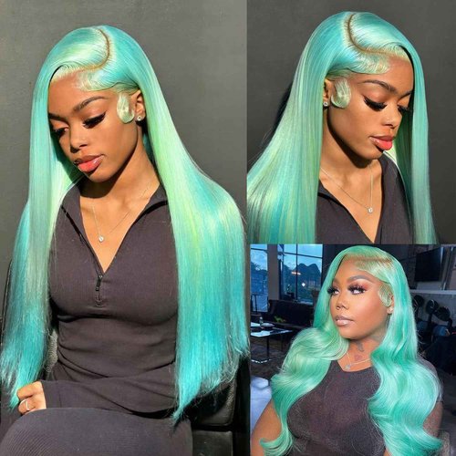 Ubetta Glueless Transparent 13x6 Lace Front Wigs Human Hair Pre Plucked 18 Inch Colored Aquea Blue Wig Human Hair 180% Density HD Straight Lace Front Wigs for Women