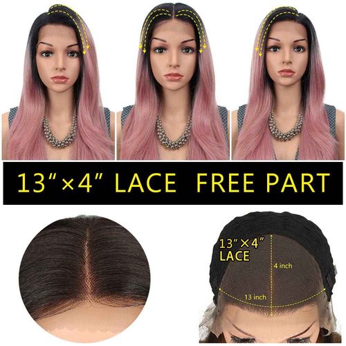 Joedir 28" Long Straight 13x4 Lace Frontal Wigs for Black Women Free Part Lace Front Wigs with Baby Hair Natural Hairline Ombre Black Root Easy-360 Synthetic Hair Wig Heat Resistant Fiber (Ombre Pink