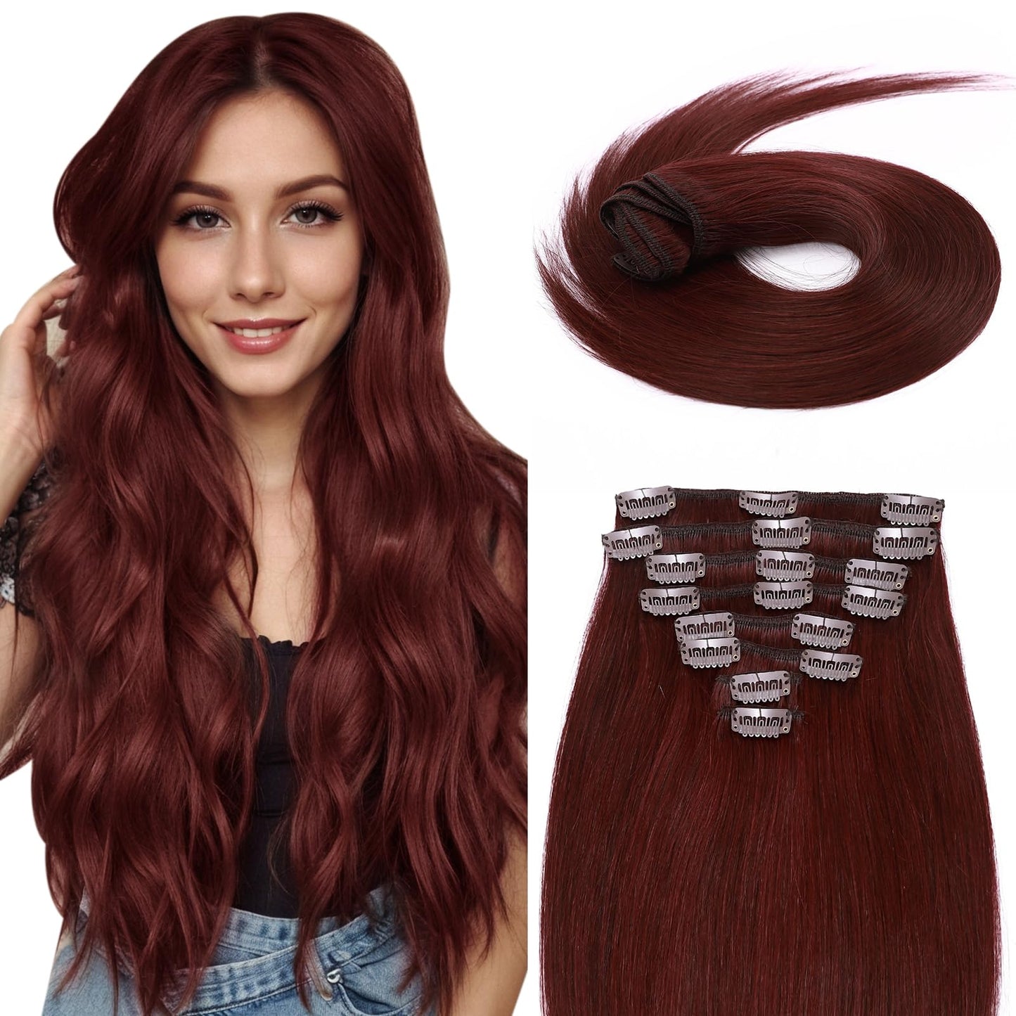MY-LADY Clip In Hair Extensions Real Human Hair 20 Inch 8pcs Remy Real Hair Extension Clip ins #99J Burgundy Wine Red 105g Silky Straight Full Head Soft Natural Extension