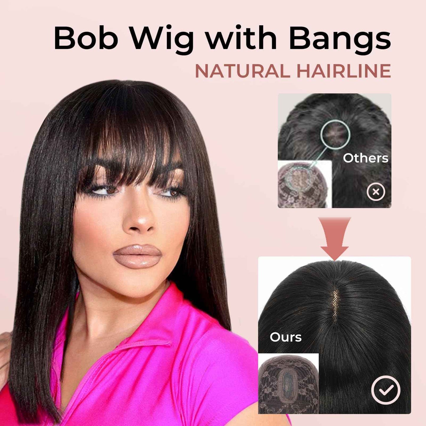 KEPWIN Bob Wig with Bangs Human Hair Wig 2x1 Closure Transparent Lace Bob Glueless Wigs Human Hair Short Wigs Straight Wigs for Black Women Wear and Go Natural Black 180% Density 14Inch