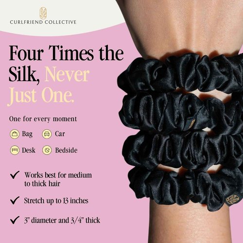 Curlfriend Collective Onyx Midi Curly Hair Silk Scrunchies for Women, Black | 22 Momme Mulberry Silk Hair Ties for Curly, Coily, and Wavy Hair - Black, Pack of 4
