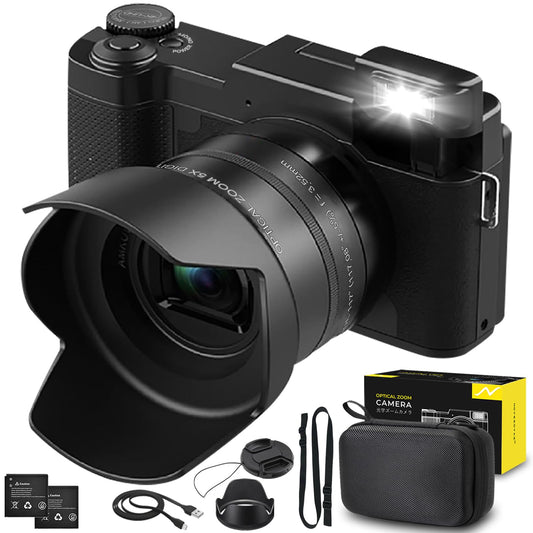 5K Digital Camera, 5X Optical Zoom Cameras for Photography & Video, 64MP Autofocus Vlogging Cameras for YouTube, Flip Screen Camera for Beginners with Carring Bag Case, Lens Hood, Two Batteries