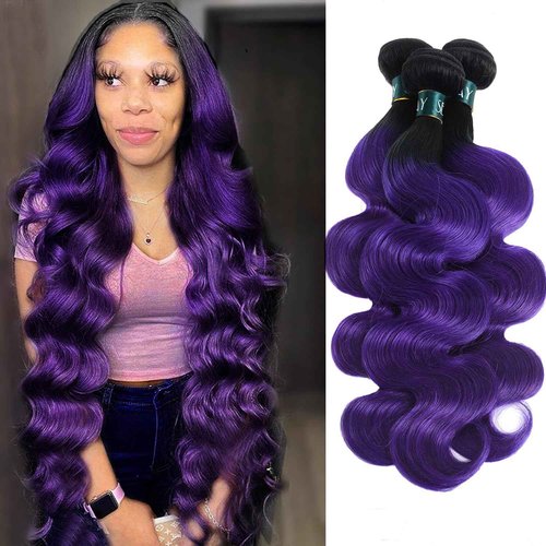SEXAYHAIR Purple Bundles Body Wave Human Hair Weave 3 Bundles Virgin Hair, Brazilian Remy Hair Ombre 1b/Purple 2 Tone Ombre Hair Wavy for Women(121416)