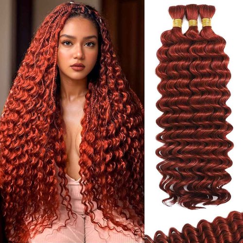 CIFENDIN Human Braiding Hair For Boho Braids 18 Inch 110g Deep Wave Bulk Human Hair for Braiding Knotless 12A 100% Brazilian Virgin Hair Extensions Bulk Bohemian 3 Bundles Color Copper