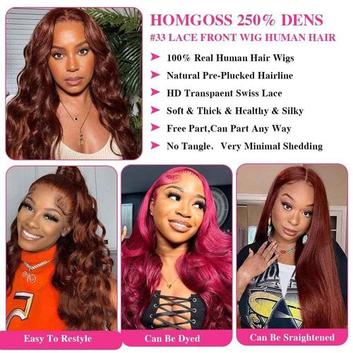 Homgoss 13x6 Body Wave Lace Front Wigs 250% Density #33 Reddish Brown Human Hair Wigs Glueless HD Lace Frontal Wigs Natural Hairline Bleached Knots Max Parting Human Hair wigs For Women 24 Inch