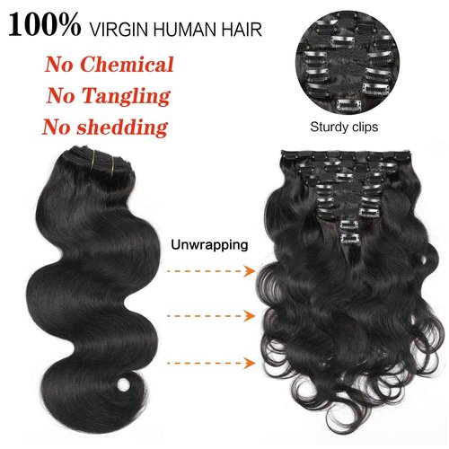 Yacurcur Body Wave Clip Ins Human Hair 8Pcs/Set 120 Gram Body Wave Clip in Hair Extensions 10A Brazilian Virgin Human Hair for Black Women Natural Black Color 22 Inch