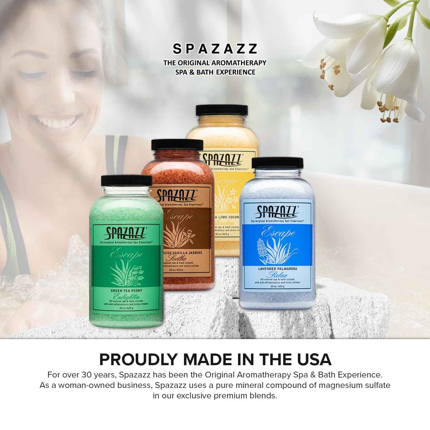 Hot Tub & Spa Bath Salt Aromatherapy Crystals Gift Set - Spazazz Escape Collection Bundle 4-Pack (22oz Each) - Lavender Palmarosa, Verbena Lime Coconut, Green Tea Peony, White Musk Vanilla Jasmine