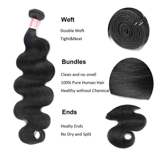 DaiMer Brazilian Body Wave Virgin Hair Weave 3 Bundles 18 20 22 inches Remy Body Wave Human Hair Extensions Unprocessed Hair Weft Natural Black Can be Dyed