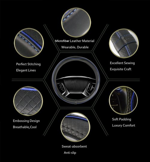 Car Steering Wheel Cover, Anti-Slip, Safety, Soft, Breathable, Heavy Duty, Thick, Full Surround, Sports Style (Black Blue)