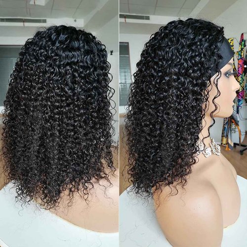 Feelgrace Short Headband Wigs Human Hair Water Wave Wig for Women, Glueless Curly Weave Wigs 100% Unprocessed Hair None Lace Front Wigs 150% Density Brazilian Hair Natural Black Headband Wig 14 Inch