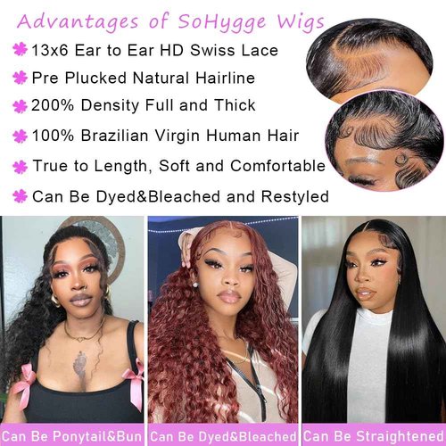 soHygge 13x6 HD Deep Wave Lace Front Wigs Human Hair Pre Plucked 200% Density Deep Curly Gluless Wigs Human Hair Lace Frontal Wigs with Baby Hair Natural Hairline 22 Inch