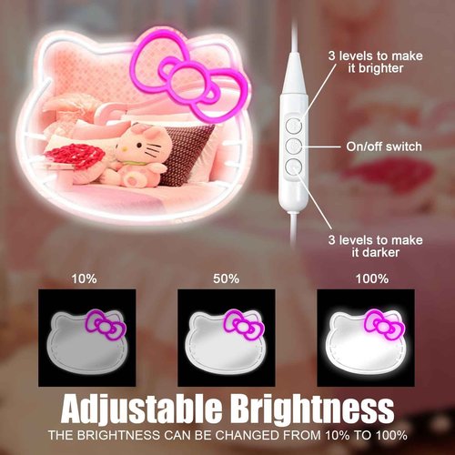 MCJSGSP Anime Hello Kit Cat Neon Sign Mirror 12 * 9.5 inch Vanity Mirror with Lights Bedroom Wall Mirror for Pink Room Decor and a Makeup Mirror with Lights Teen Girl Gifts