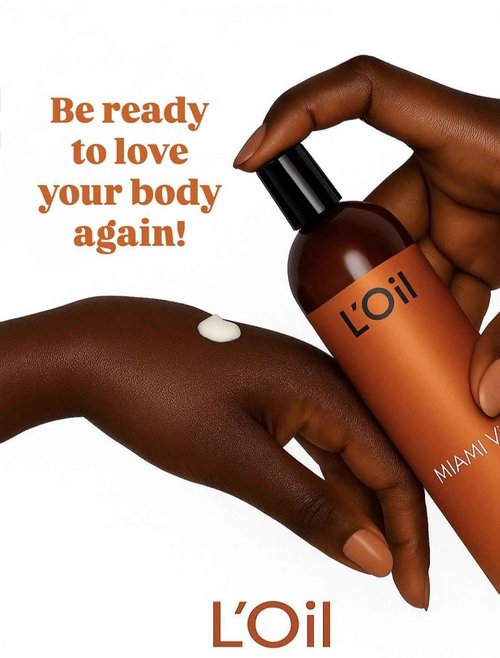 L'Oil Body lotion, Miami Vibe. Super Anti-Aging, Hydrating, Anti-wrinkle, Antioxidant, Anti-stretch marks. From head-to-toe. 24 Hour Moisture. 8 fl oz