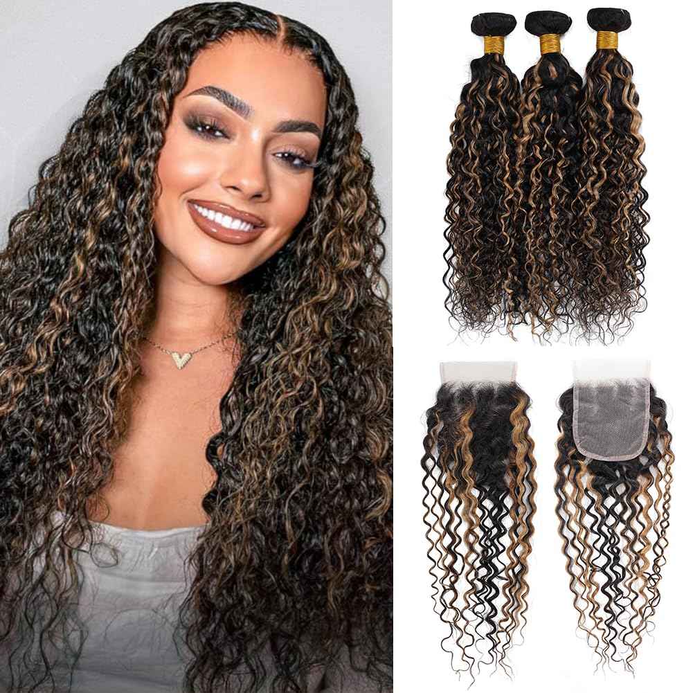 Highlight Water Wave Bundles with Closure Human Hair Honey Brown Balayage Curly Wave Human Hair Bundle 1B/27 Colored 3 Bundles with 4x4 HD Lace Closure Free Part (14 16 18+12)