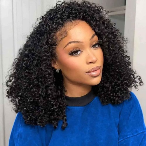 CabeDuck 20 Inch Kinky Curly Half Wig Human Hair 210% Density Wear then Go Glueless Wigs Human Hair Curly 3 In 1 Half Wigs for Women Drawstring Headband Wig Beginner Friendly Second Generation