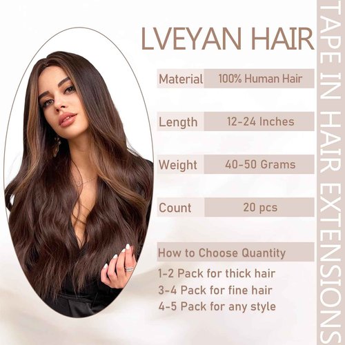Lveyan Tape in Hair Extensions Human Hair, 16 Inch 20pcs Hair Extensions Real Human Hair Dark Brown to Chestnut Brown Invisible Tape in Hair Extensions for Women (#T2/6, 16 Inch)