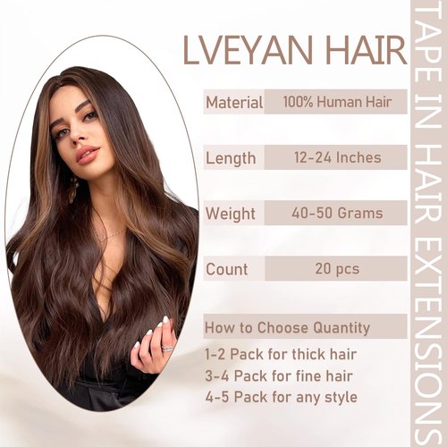 Lveyan Tape in Hair Extensions Human Hair, 20 Inch 20pcs Hair Extensions Real Human Hair Dark Brown to Chestnut Brown Invisible Tape in Hair Extensions for Women (#T2/6, 20 Inch)