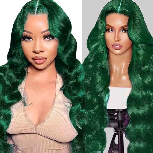 haha 13x6 Lace Front Green Human Hair Blend Wig Body Wave Dark Green Wig Human Hair Transparent HD Lace Frontal 13x6 Glueless Pre Plucked With Baby Hair 180% Density 26 Inch