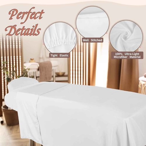 Oudain 8 Sets Soft Microfiber Massage Table Sheets Set 3 Piece Set Includes Massage Table Cover Fitted Sheet and Face Rest Cover(White)
