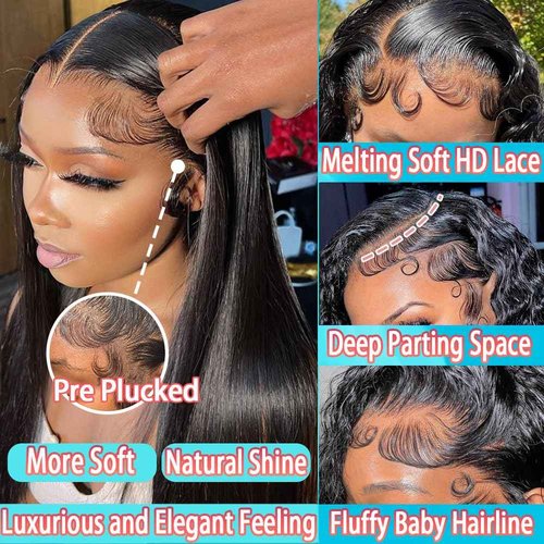 KUKAO 13x6 Lace Front Wigs Human Hair 180 Density Straight HD Lace Front Wigs Human Hair Pre Plucked Glueless Wigs for Women Straight Lace Frontal Wigs Natural Black 22 Inch