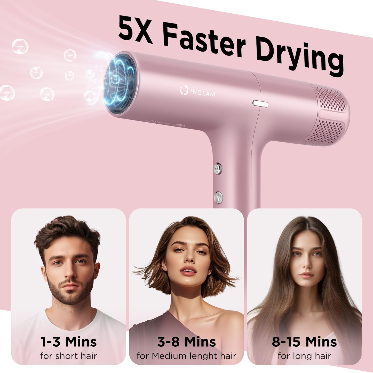 IG INGLAM Hair Dryer with Diffuser for Women, 1300W Ionic Blow Dryer with LCD Display, 3 Temps & 3 Speeds High-Speed Travel Hair Dryer with One Button Cool Air, Slim&Lightwight, Store Bag, Rose Pink