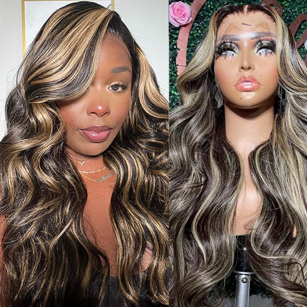 PDTBO 28 Inch Ombre Lace Front Wig Human Hair 180% Density 1B/27 Body Wave 13x4 Lace Front Wigs Human Hair Pre Plucked Highlight Glueless HD Lace Frontal Wigs for Black Women