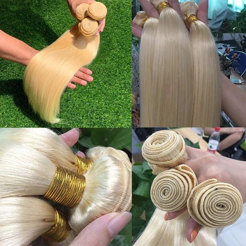 613 Blonde Human Hair Bundles with Closure 100% Brazilian Virgin Straight Bundles with 4x4 Lace Closure 613 Platinum 3 Straight Bundles Human Hair Weave with 4x4 Lace Closure (12 14 16+10)