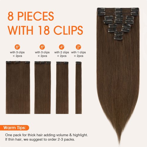 TESS Seamless Clip in Hair Extensions Human Hair Remy Clip ins Natural Soft Straight 8pcs 18Clips, 20 Inch, Dark Brown