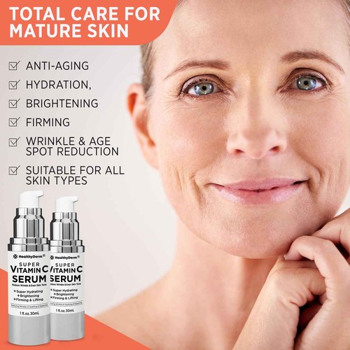 Super Vitamin C Serum for Women Over 70: Niacinamide, Vitamin C, Hyaluronic Acid, Peptides, Vitamin E, Caffeine, Bakuchiol, Hydrating, Lifting, Wrinkle & Age Spots Reduction Pack of 2
