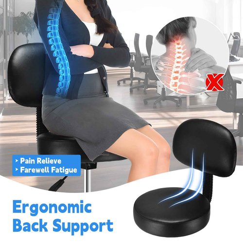 Rolling Stool with Back Adjustable- Ergonomic Back Support, Soft Leather Seat Cushion, Height Adjustability, Rolling Stools Chair with Wheels and Footrest Ring, Massage Office Tatto Salon (Black)